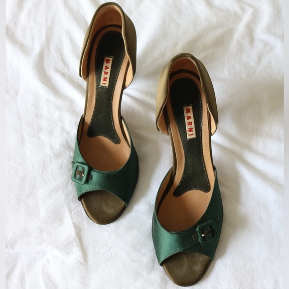 Marni Two-Tone Green and Tan Satin formal Heels - Picture 1 of 5